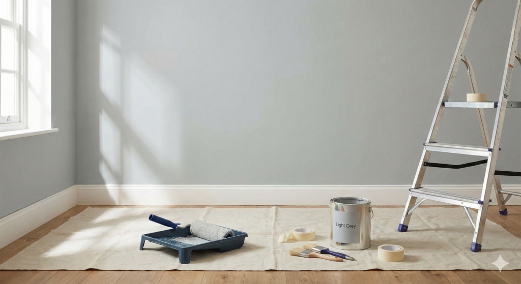 Painted wall with tools on floor