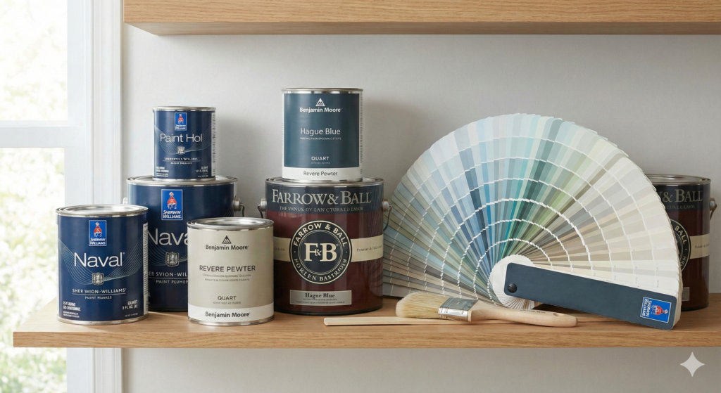 paint tins and colour pallet on shelf